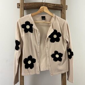 Women's Cream Cardigan with Black Floral Design